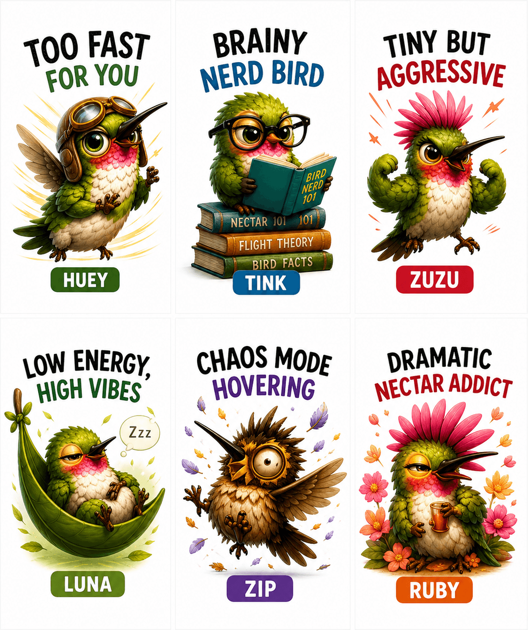 Meet all six hummingbird characters